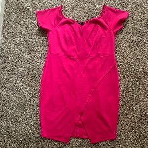 Hot pink off shoulder body con dress- FTF